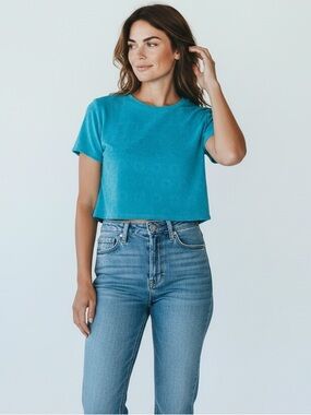 Aerie OFFLINE Size M Blue Smiley Face Terrycloth Crop Top